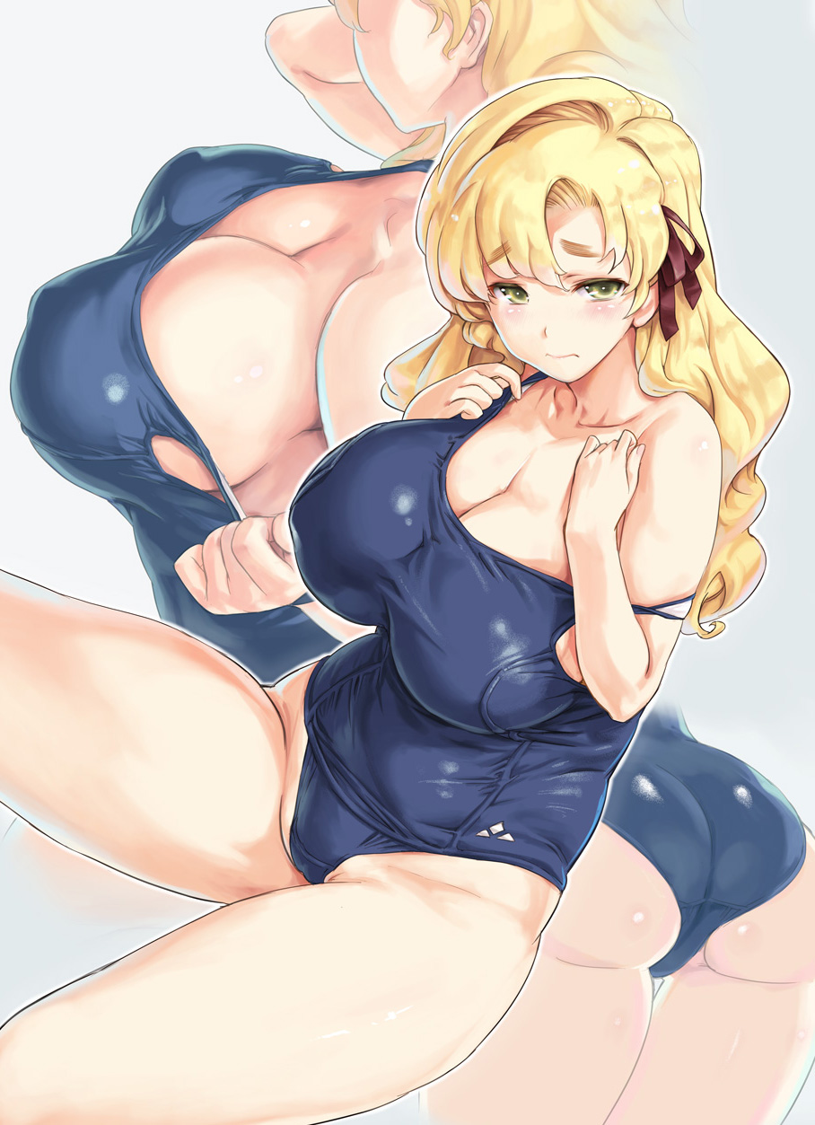 1girl ass blonde_hair blue_swimsuit blush breasts cleavage closed_mouth collarbone commentary_request erect_nipples eyebrows_visible_through_hair green_eyes hair_ribbon hands_on_own_chest highres kiyama_satoshi large_breasts long_hair looking_at_viewer multiple_views one-piece_swimsuit original plump revision ribbon school_swimsuit sitting strap_slip swimsuit wavy_hair