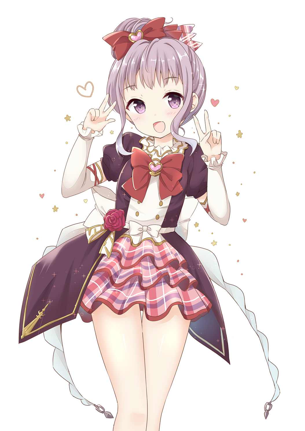 1girl :d arm_warmers blush bow character_request dress granblue_fantasy hair_bow hair_bun hands_up heart highres looking_at_viewer open_mouth plaid plaid_bow plaid_skirt purple_hair red_bow short_hair skirt smile solo standing v violet_eyes yoshikita_popuri