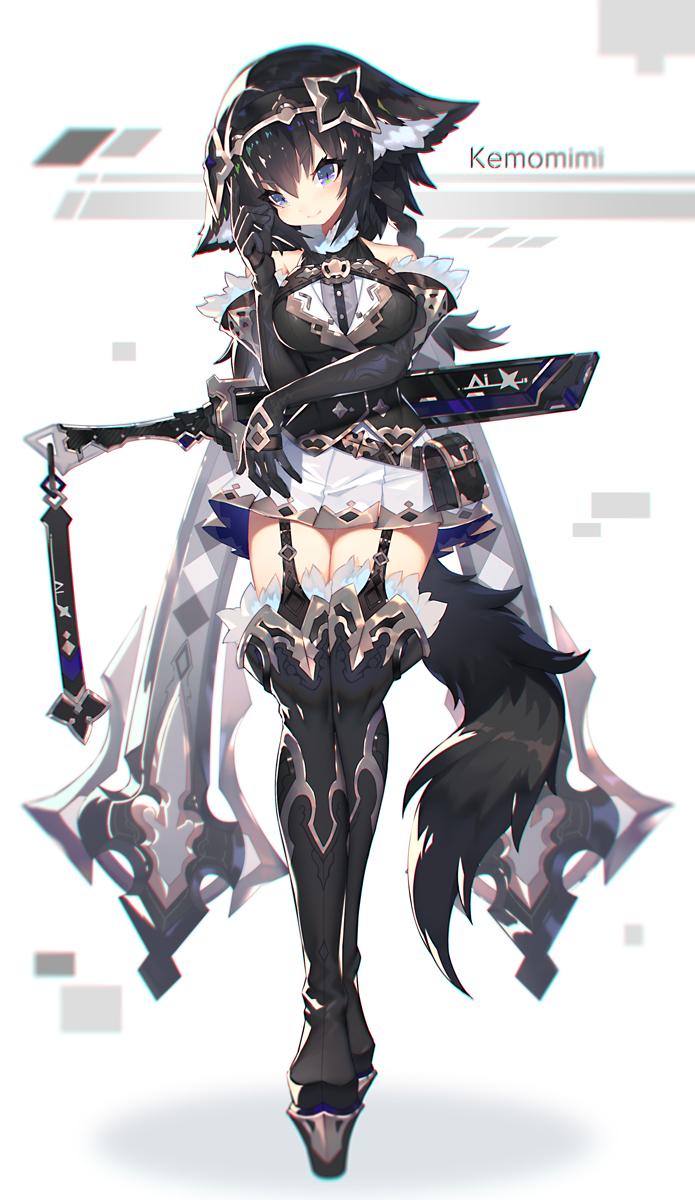 1girl animal_ears black_hair blue_eyes braid breasts elbow_gloves feather_trim full_body garter_straps gloves headdress highres long_hair looking_at_viewer mamuru medium_breasts original pleated_skirt simple_background skirt smile solo standing tail thigh-highs weapon