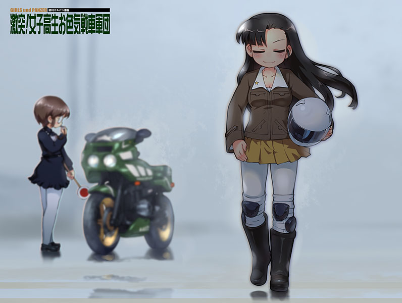 asymmetrical_bangs bangs belt black_dress black_footwear boots brown_hair brown_jacket chi-hatan_military_uniform closed_eyes closed_mouth copyright_name dress facing_viewer fog from_side gekitotsu!_joshikousei_oiroke_sensha_gundan girls_und_panzer glasses ground_vehicle helmet holding jacket judge knee_boots knee_pads light_smile loafers long_hair long_sleeves medallion military military_uniform miniskirt motor_vehicle motorcycle motorcycle_helmet nishi_kinuyo outdoors pants pants_under_skirt pantyhose pleated_skirt reflection round_eyewear sankuma sasagawa_kanon shirt shoes short_dress short_hair sign skirt standing uniform vehicle_request whistle white_legwear white_pants white_shirt yellow_skirt