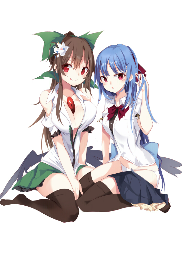 2girls bangs black_legwear blue_hair bow bowtie breasts brown_hair cleavage closed_mouth collared_shirt flower green_bow green_skirt hair_bow hair_flower hair_ornament hand_up hinanawi_tenshi large_breasts long_hair looking_at_viewer miniskirt multiple_girls panties red_eyes red_neckwear reiuji_utsuho revision shirt simple_background sitting skirt skirt_around_one_leg smile t-shirt tetsurou_(fe+) thigh-highs third_eye tongue tongue_out touhou underwear white_background white_flower white_panties wing_collar