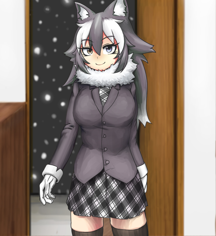 animal_ears black_hair black_legwear blue_eyes blush breasts christmas closed_mouth door fur_collar fur_trim gloves grey_wolf_(kemono_friends) hat heterochromia indoors kemono_friends long_hair looking_at_viewer medium_breasts multicolored_hair nitouryuu_sankakkei plaid_neckwear santa_hat skirt snow standing two-tone_hair white_gloves white_hair wolf_ears yellow_eyes