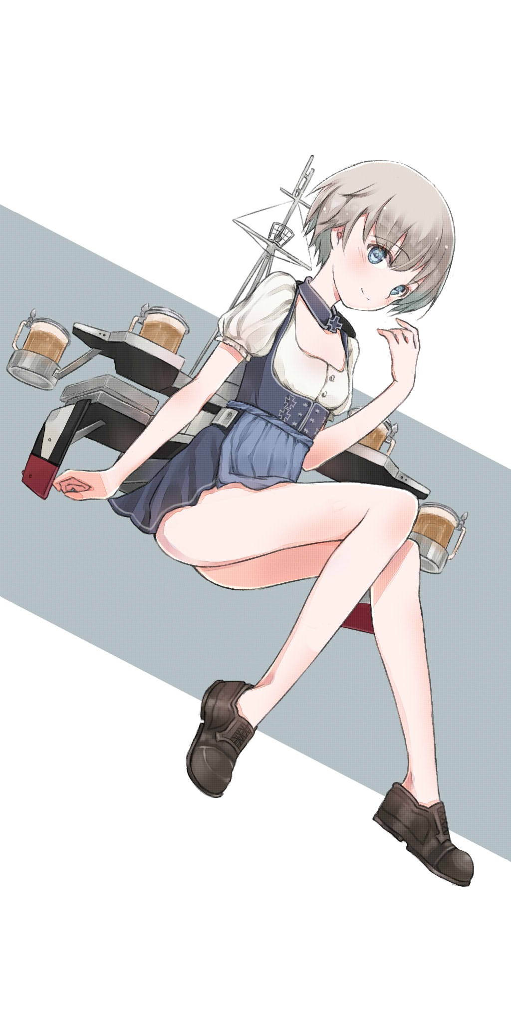 1girl alcohol beer black_footwear blue_dress blue_eyes dress eyebrows_visible_through_hair glass highres kantai_collection lca906 looking_at_viewer machinery shoes short_dress short_hair silver_hair solo z1_leberecht_maass_(kantai_collection)