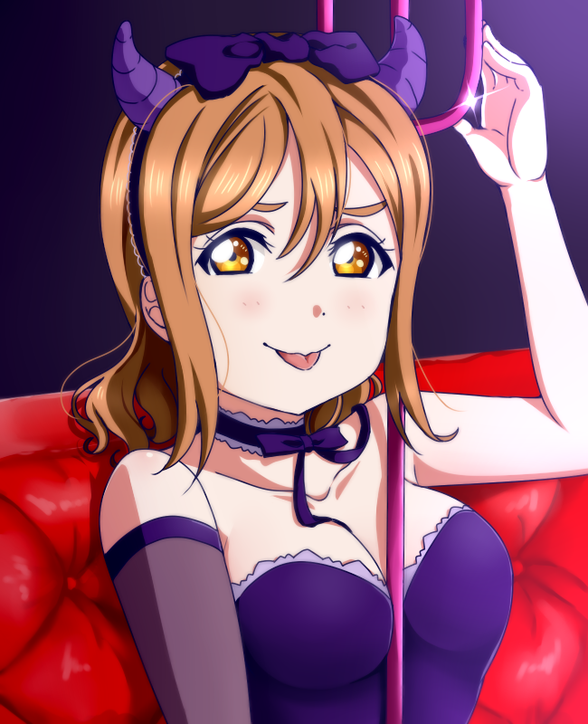 :p bangs bare_shoulders between_breasts blush breasts brown_hair choker cleavage closed_mouth commentary demon_horns elbow_gloves fake_horns gloves hair_between_eyes hair_ribbon hairband horns kunikida_hanamaru long_hair love_live! love_live!_sunshine!! polearm ribbon sleeveless sooki tongue tongue_out trident upper_body weapon yellow_eyes