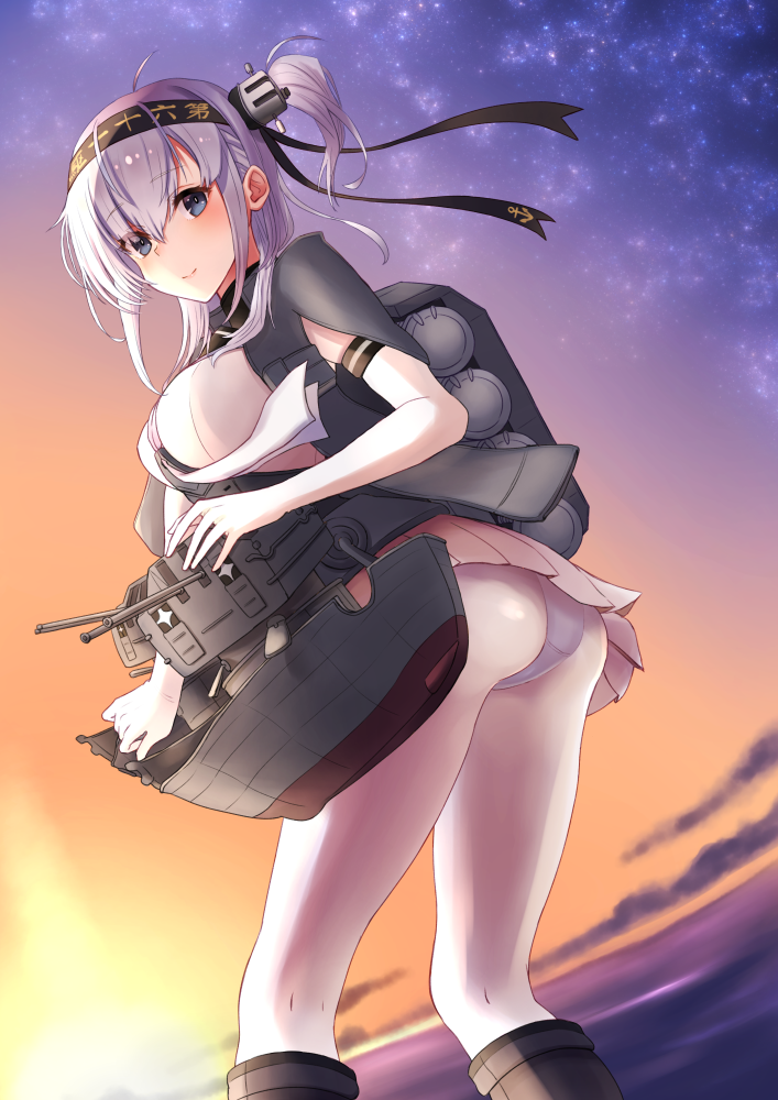 1girl ahoge ass backlighting bangs between_breasts black_footwear black_hairband black_headband blue_eyes bodysuit boots breasts chou-10cm-hou-chan_(suzutsuki's) clothes_writing elbow_gloves eyebrows_visible_through_hair gloves hachimaki hair_between_eyes hairband headband horizon itsuwa_(continue) kantai_collection knee_boots leaning_forward long_hair looking_at_viewer machinery medium_breasts miniskirt oceab one_side_up panties panties_under_pantyhose pantyhose pleated_skirt revision school_uniform serafuku short_sleeves silver_hair skirt sky smile solo star_(sky) starry_sky sunlight suzutsuki_(kantai_collection) tareme turret twilight twisted_torso underwear white_bodysuit white_gloves white_legwear white_neckwear white_panties white_skirt