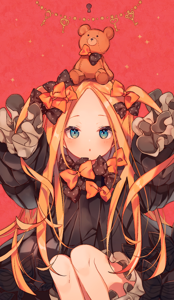 1girl :o abigail_williams_(fate/grand_order) alternate_hairstyle ana_(rznuscrf) arms_up bangs black_bow black_dress blonde_hair bloomers blue_eyes blush bow butterfly commentary_request dress fate/grand_order fate_(series) hair_bow hands_in_sleeves highres key keyhole long_hair long_sleeves looking_at_viewer no_hat no_headwear on_head orange_bow parted_bangs parted_lips polka_dot polka_dot_bow solo stuffed_animal stuffed_toy teddy_bear two_side_up underwear very_long_hair white_bloomers