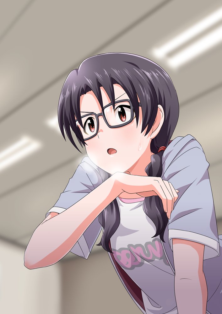 1girl black_hair blurry blush commentary_request depth_of_field glasses hige_(com) idolmaster idolmaster_million_live! long_hair low_twintails red-framed_eyewear red_eyes solo takayama_sayoko twintails wiping_sweat