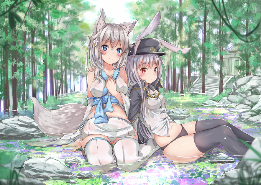2girls :o animal_ears bangs bare_shoulders black_hat black_jacket black_legwear black_panties blush breasts commentary_request crop_top detached_sleeves dress_shirt eyebrows_visible_through_hair flower forest fox_ears fox_girl fox_tail hair_between_eyes hair_flower hair_ornament hat head_tilt jacket long_hair looking_at_viewer looking_to_the_side medium_breasts military_hat multiple_girls nature no_pants notched_ear original outdoors panties parted_lips peaked_cap rabbit_ears reclining red_eyes rock shallow_water shirt silver_hair sitting skirt small_breasts stairs stone_stairs tail thigh-highs tree underwear very_long_hair white_legwear white_panties white_shirt white_skirt wide_sleeves yokozuwari yukishiro_arute