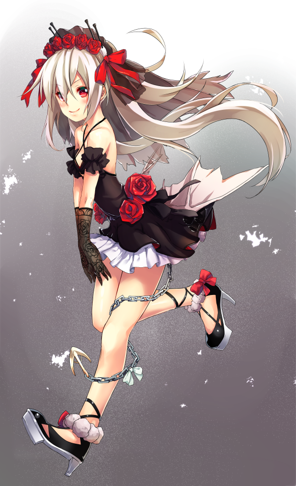 1girl :d anchor azur_lane black_gloves chains commentary_request detached_sleeves flower frilled_skirt frills gloves gradient gradient_background hairband high_heels lolita_hairband long_hair looking_at_viewer open_mouth red_eyes remodel_(azur_lane) rose shimozuki_shio silver_hair simple_background skirt smile solo vampire_(azur_lane) veil walking