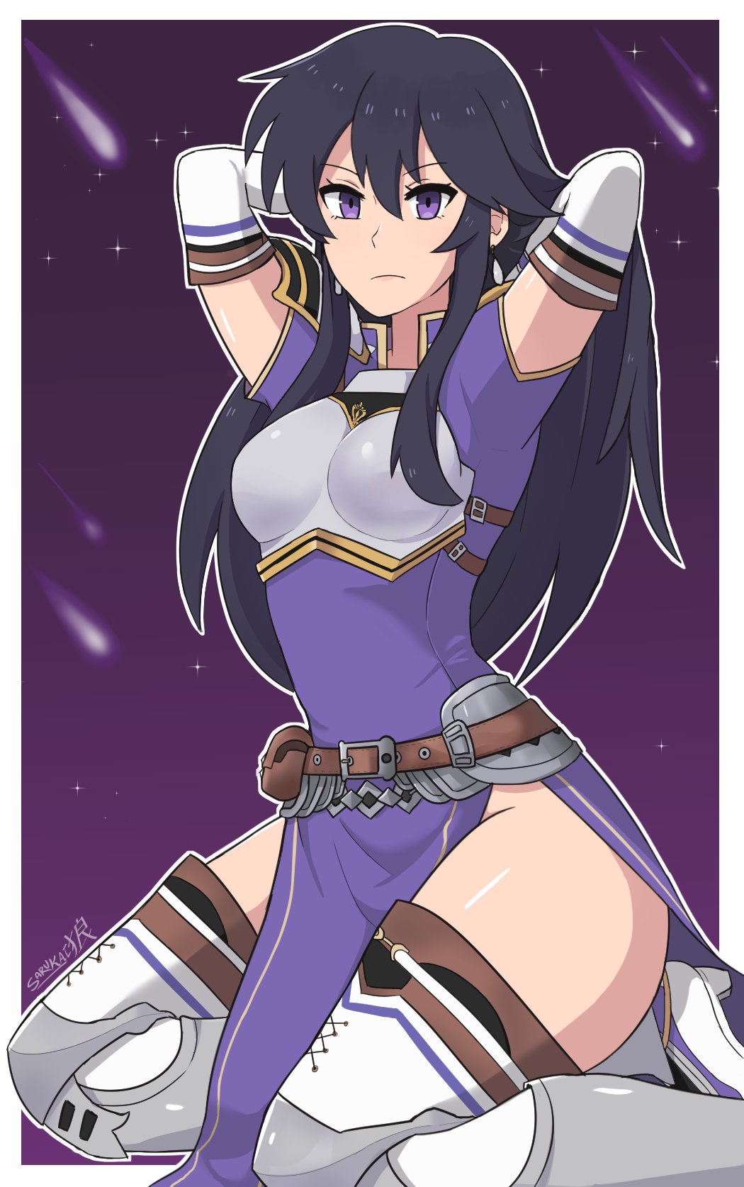 1girl aira_(fire_emblem) armor belt black_hair breastplate dress earrings elbow_gloves fire_emblem fire_emblem:_seisen_no_keifu gloves highres jewelry long_hair looking_at_viewer no_panties sarukaiwolf simple_background solo thigh-highs violet_eyes