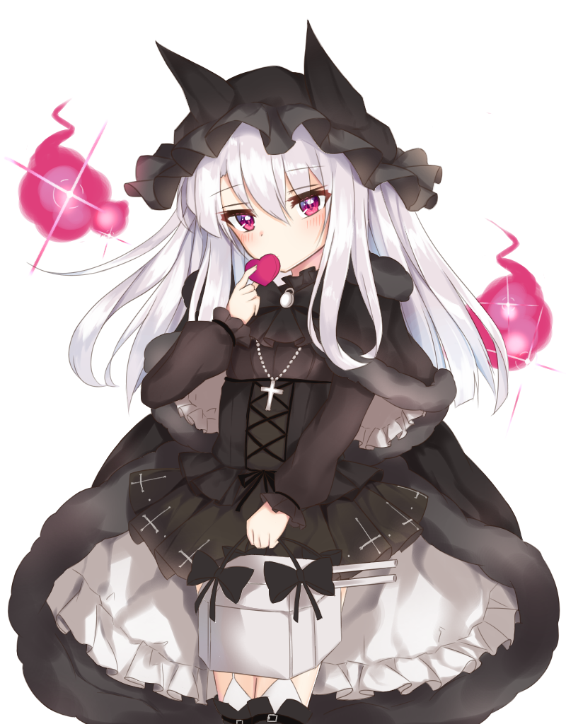 1girl azur_lane carrying commentary_request covering_mouth cross cross_necklace erebus_(azur_lane) gothic_lolita hat heart holding jewelry lolita_fashion long_hair looking_at_viewer machinery meuneyu necklace remodel_(azur_lane) simple_background solo turret violet_eyes white_hair