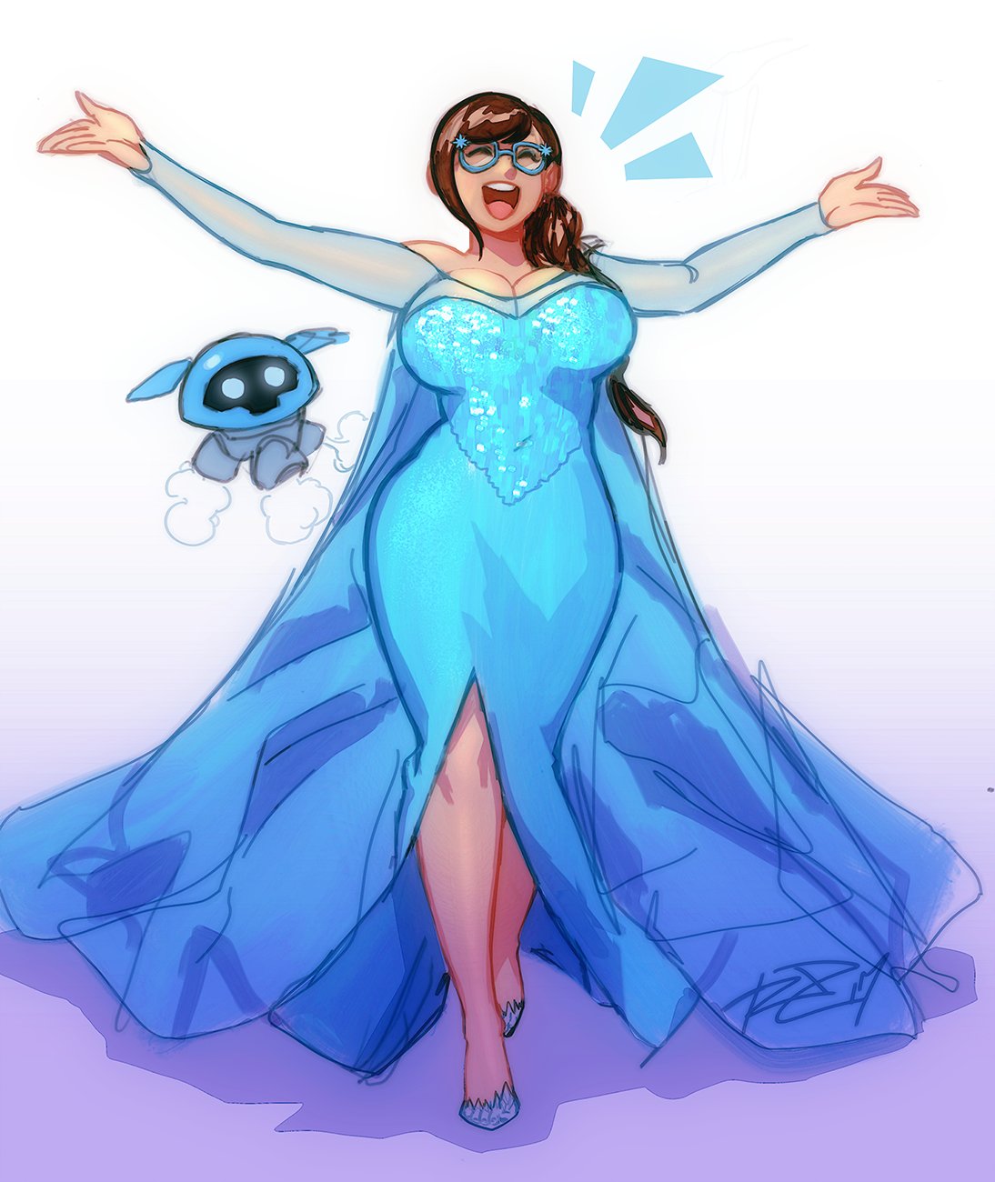 1girl ^_^ alternate_hairstyle blue-framed_eyewear blue_dress breasts cleavage closed_eyes commentary cosplay curvy dress drone elsa_(frozen) elsa_(frozen)_(cosplay) frozen_(disney) full_body glasses hair_over_shoulder highres large_breasts long_dress long_hair mei_(overwatch) music open_mouth outstretched_arms overwatch robert_porter see-through singing snowball_(overwatch) solo walking