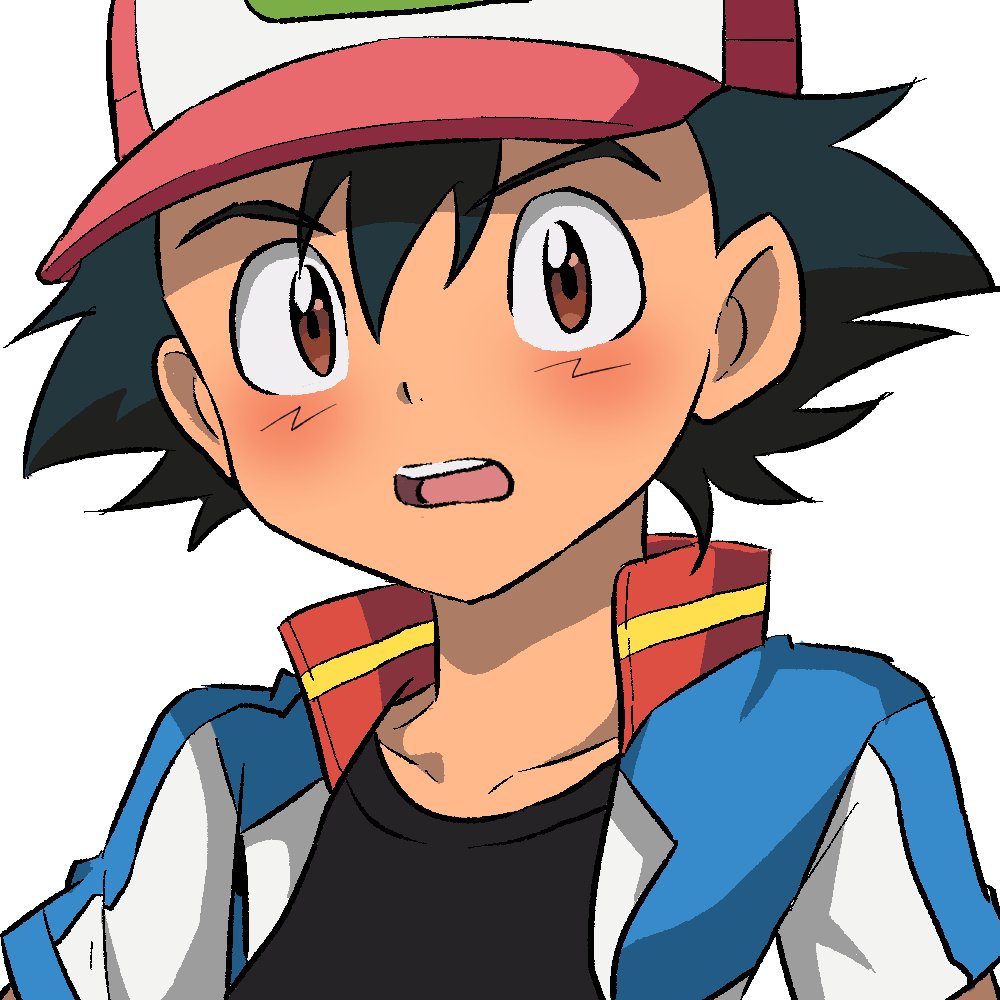 1boy black_hair brown_eyes male_focus open_mouth pokemon pokemon_(anime) satoshi_(pokemon) simple_background solo surprised upper_body whisker_markings white_background