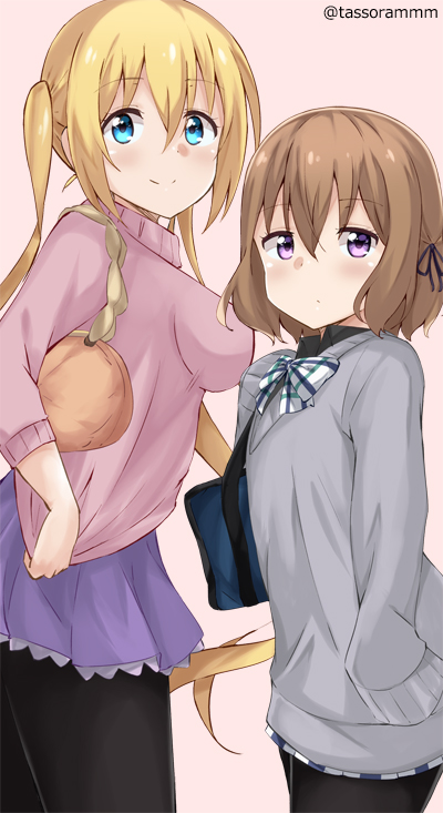 2girls bag bangs black_legwear black_ribbon black_shirt blend_s blonde_hair blue_eyes blush bookbag bow bowtie breasts brown_hair cardigan closed_mouth collared_shirt commentary_request cosplay costume_switch eyebrows_visible_through_hair hair_between_eyes hair_ribbon handbag hands_in_sleeves hinata_kaho hinata_kaho_(cosplay) hoshikawa_mafuyu hoshikawa_mafuyu_(cosplay) impossible_clothes impossible_sweater large_breasts long_hair long_sleeves looking_at_viewer looking_to_the_side multiple_girls oversized_clothes pantyhose pink_background pink_sweater plaid plaid_neckwear plaid_skirt purple_skirt ribbon school_bag school_uniform shirt simple_background skirt smile sweater tasora twintails twitter_username very_long_hair violet_eyes white_neckwear