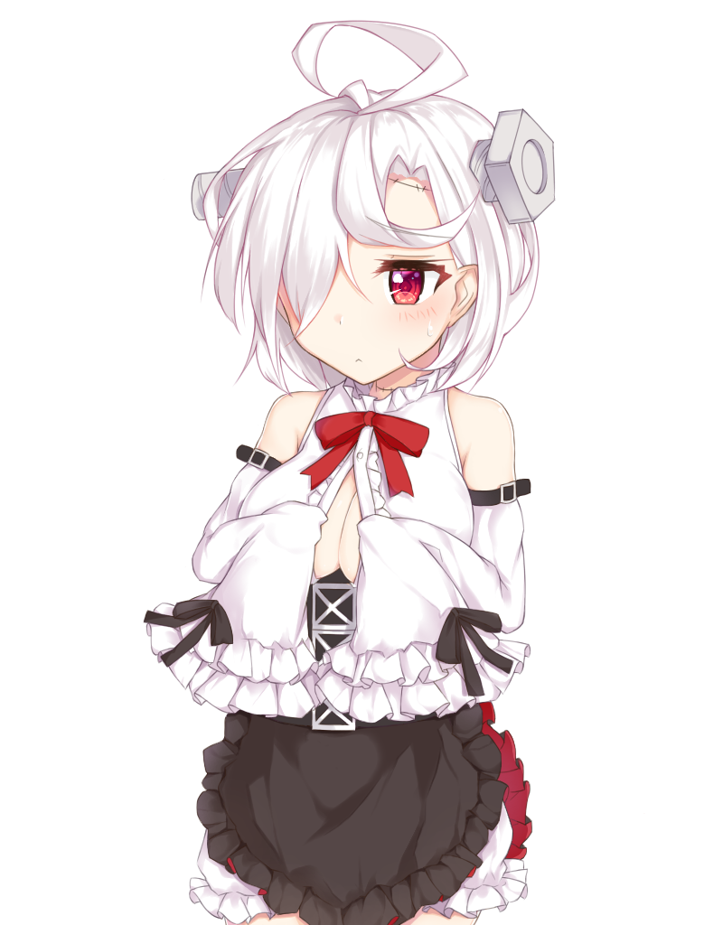 1girl adjusting_clothes apron azur_lane bolt bow bowtie breasts cleavage commentary_request detached_sleeves hair_over_one_eye looking_at_viewer meuneyu red_eyes short_hair simple_background sleeves_past_wrists solo sweat terror_(azur_lane) white_background white_hair