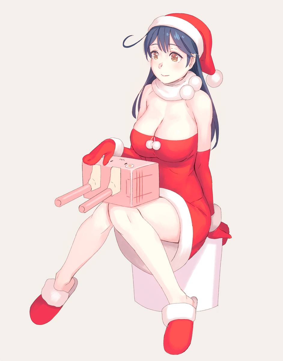 1girl ahoge bare_legs bare_shoulders blue_hair blush breasts brown_eyes character_request cleavage closed_mouth dress elbow_gloves full_body gloves hat highres kantai_collection knees_together_feet_apart large_breasts long_hair mittens pink_background pom_poms red_dress red_gloves red_hat santa_costume santa_hat scarf short_dress simple_background sitting slippers smile solo white_scarf yuuji_(and)