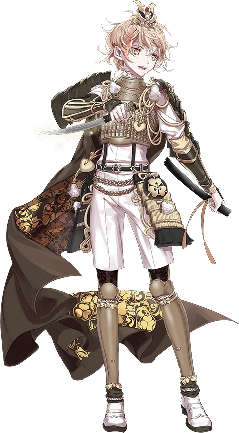 1boy armor black_legwear blonde_hair cape crown izumi_(nagashi) japanese_armor kiwame_(touken_ranbu) kote legwear_under_shorts male_focus monoyoshi_sadamune official_art open_mouth pantyhose pantyhose_under_shorts print_legwear sheath shin_guards shorts smile sode sword touken_ranbu transparent_background wakizashi weapon yellow_eyes