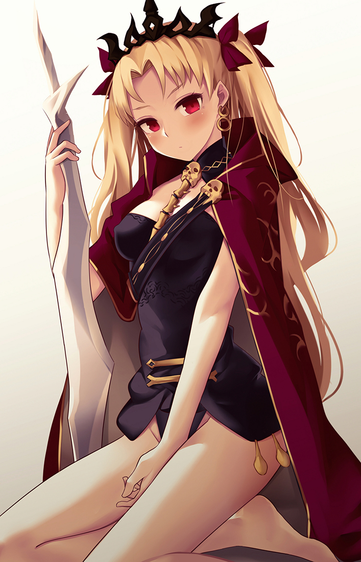 1girl bangs bare_legs barefoot between_breasts blonde_hair blush breasts cape commentary earrings erect_nipples ereshkigal_(fate/grand_order) fate/grand_order fate_(series) gradient gradient_background grey_background groin hair_ribbon holding holding_weapon jewelry kneeling long_hair looking_at_viewer parted_bangs parted_lips polearm red_cape red_eyes revision ribbon skull small_breasts solo spear tiara tohsaka_rin two_side_up very_long_hair weapon white_background zen_o