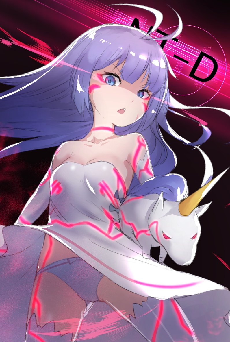 1girl antenna_hair azur_lane bangs bare_shoulders bow bow_panties breasts collarbone commentary_request detached_sleeves dress eyebrows_visible_through_hair holding holding_stuffed_animal long_hair looking_at_viewer medium_breasts panties parted_lips purple_hair sawawse solo strapless strapless_dress stuffed_animal stuffed_toy stuffed_unicorn thigh-highs underwear unicorn_(azur_lane) upper_teeth v-shaped_eyebrows very_long_hair violet_eyes white_dress white_legwear white_panties