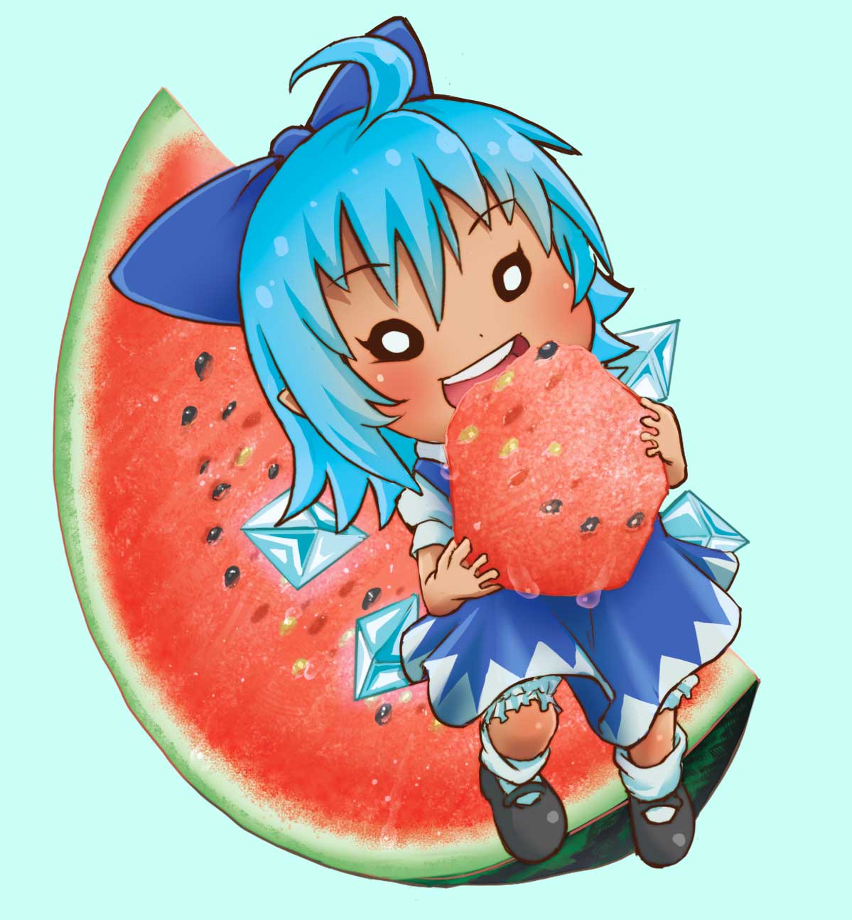 1girl ahoge bloomers blue_hair bow chamaji chibi cirno commentary dress eating eyebrows_visible_through_hair food frills fruit hair_between_eyes hair_bow highres ice ice_wings mary_janes puffy_short_sleeves puffy_sleeves round_teeth shoes short_hair short_sleeves simple_background socks solo teeth touhou underwear watermelon wet wings