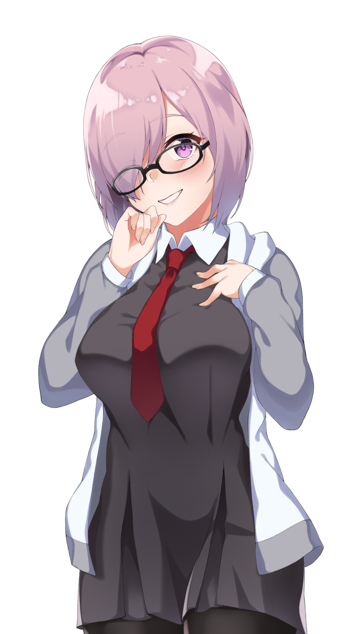 1girl ;d black-framed_eyewear black_dress black_legwear blush breasts cowboy_shot dress eyebrows_visible_through_hair eyes_visible_through_hair fate/grand_order fate_(series) glasses grey_jacket grin hair_over_one_eye hand_on_own_chest hand_on_own_face hands_up head_tilt highres jacket large_breasts long_sleeves looking_at_viewer mash_kyrielight necktie one_eye_closed open_clothes open_jacket open_mouth pantyhose pink_hair red_neckwear shiny shiny_hair short_hair simple_background smile spicy_moo standing tareme teeth track_jacket violet_eyes white_background wing_collar