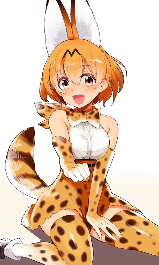 1girl animal_ears ankle_boots bangs boots bow bowtie brown_eyes commentary_request elbow_gloves eyebrows fur_collar gloves high-waist_skirt kemono_friends looking_at_viewer nakasone_haiji open_mouth orange_gloves orange_hair orange_legwear orange_neckwear orange_skirt print_gloves print_legwear print_neckwear print_skirt serval_(kemono_friends) serval_ears serval_print serval_tail shirt short_hair simple_background sitting skirt sleeveless sleeveless_shirt smile solo striped_tail tail thigh-highs wariza white_background white_footwear