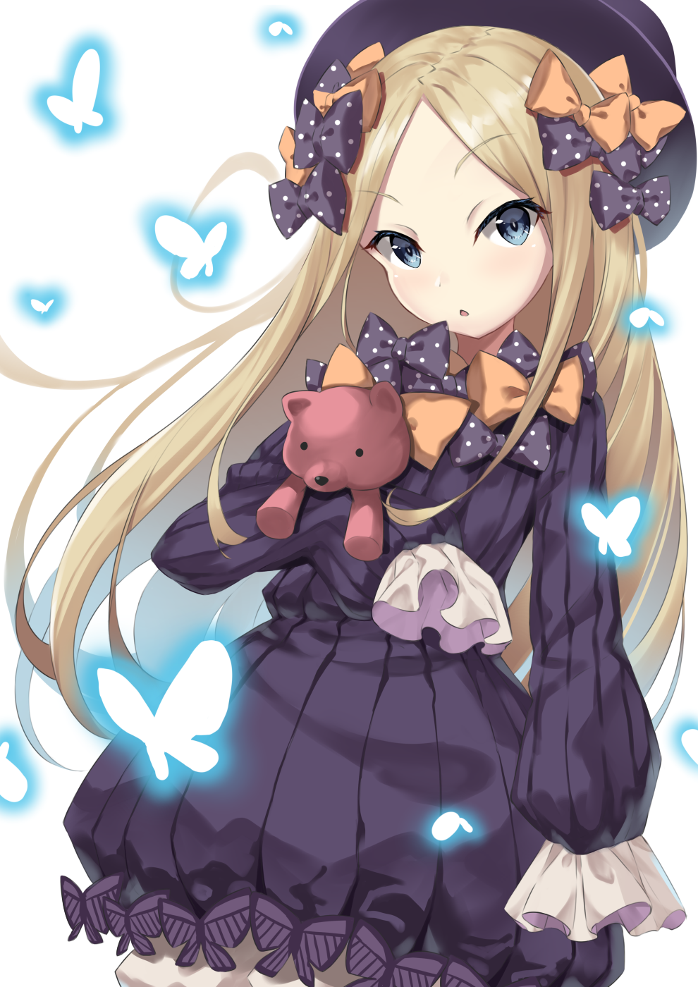 1girl abigail_williams_(fate/grand_order) akae_neo bangs black_bow black_dress black_hat blonde_hair bloomers blue_eyes blush bow butterfly commentary_request dress eyebrows_visible_through_hair fate/grand_order fate_(series) hair_bow hands_in_sleeves hat head_tilt highres long_hair long_sleeves looking_at_viewer object_hug orange_bow parted_bangs parted_lips polka_dot polka_dot_bow simple_background solo stuffed_animal stuffed_toy teddy_bear underwear v-shaped_eyebrows very_long_hair white_background white_bloomers