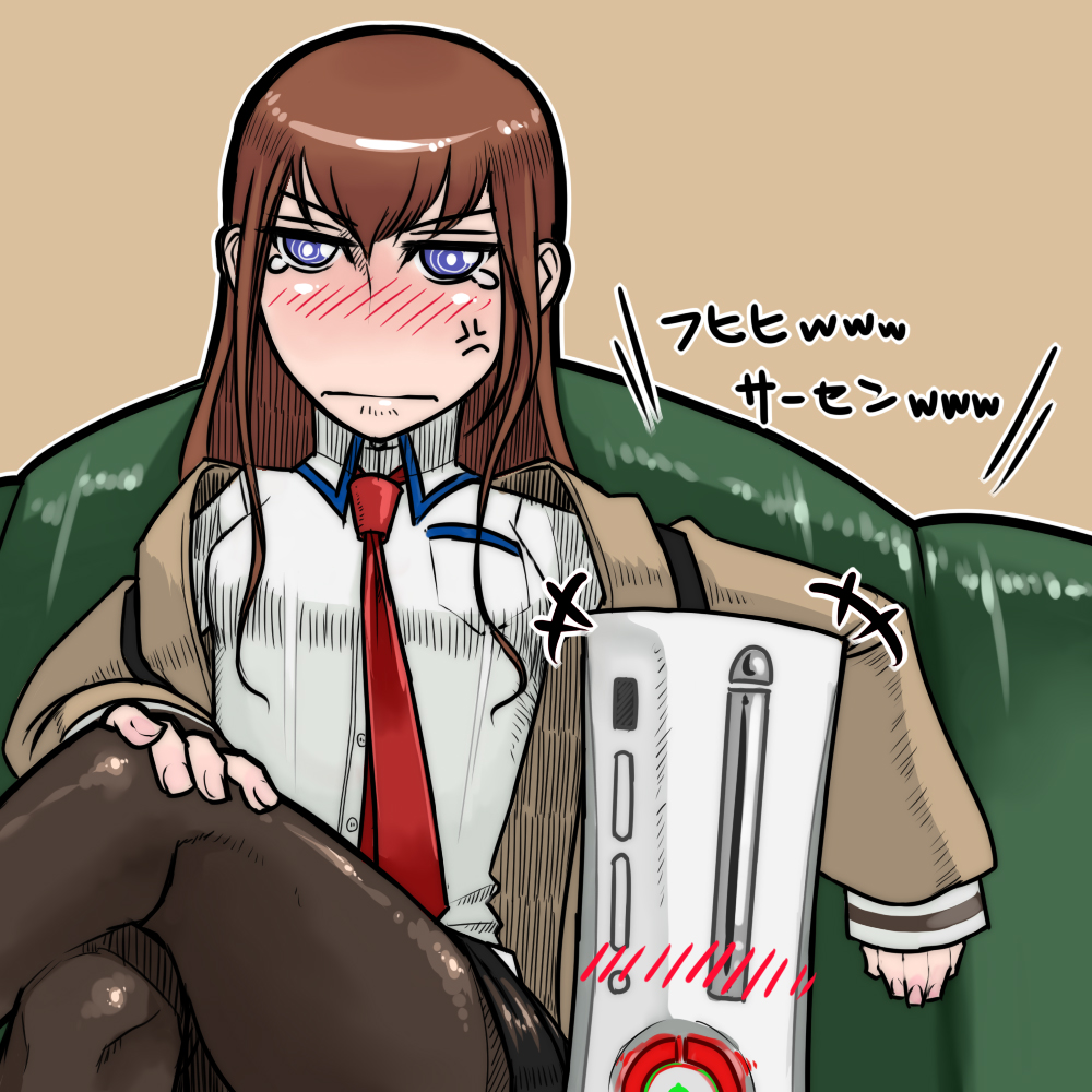 1girl breasts commentary_request game_console legs legs_crossed long_hair makise_kurisu misonou_hirokichi red_ring_of_death solo steins;gate xbox_360