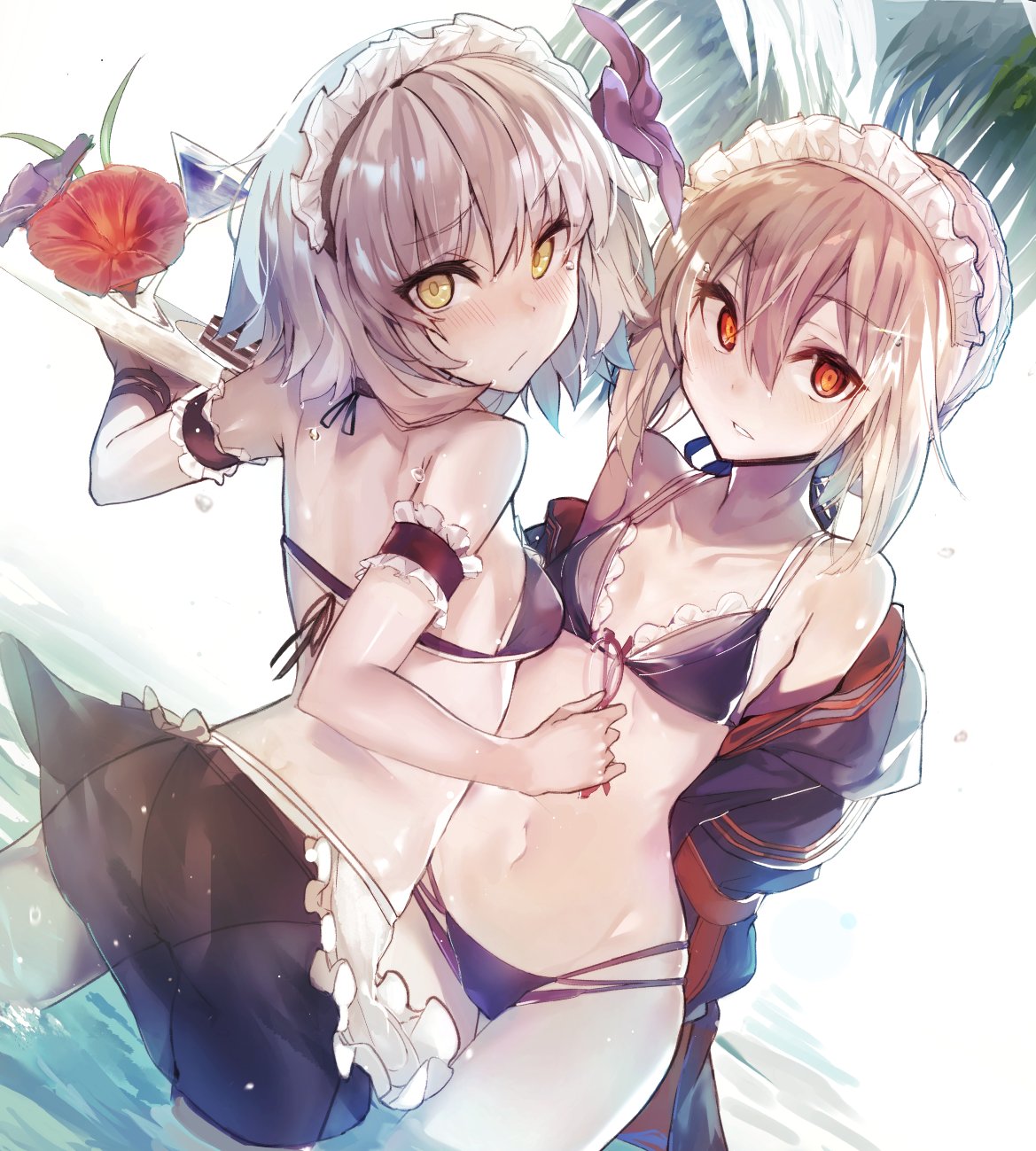 2girls akieda apron arm_garter arms_behind_back artoria_pendragon_(all) ass bikini black_bikini blush braid breasts collarbone dutch_angle eyebrows_visible_through_hair fate/grand_order fate_(series) flower from_behind hair_ribbon hibiscus highres jacket jeanne_d'arc_(alter)_(fate) jeanne_d'arc_(fate)_(all) light_brown_hair looking_at_viewer looking_back maid_bikini maid_headdress multiple_girls mysterious_heroine_x_(alter) navel off_shoulder open_clothes open_jacket outdoors parted_lips red_eyes ribbon see-through short_hair silver_hair skirt small_breasts sparkle swimsuit tray wading waist_apron water wet wet_hair wristband yellow_eyes