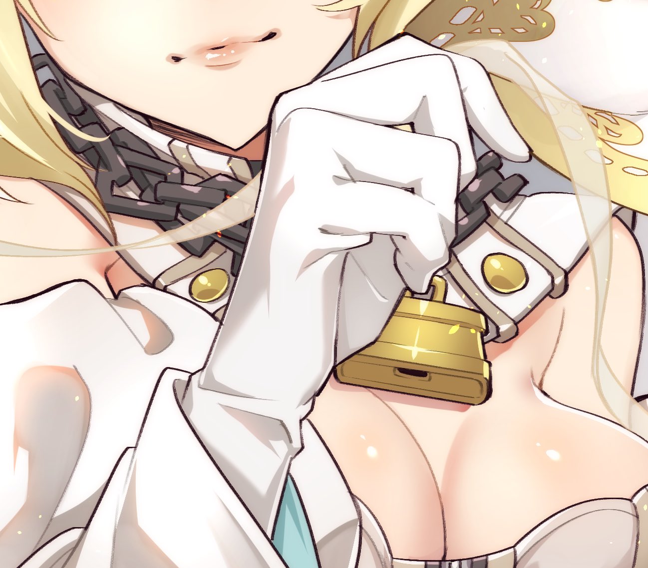1girl blonde_hair breasts chains cleavage close-up closed_mouth cosplay dress facing_viewer fate/fate_(series) gloves head_out_of_frame jewelry large_breasts lock long_sleeves necklace nero_claudius_(bride)_(fate) nero_claudius_(fate)_(all) pink_lips saber_bride saber_bride_(cosplay) solo veil westxost_(68monkey) white_dress white_gloves wide_sleeves