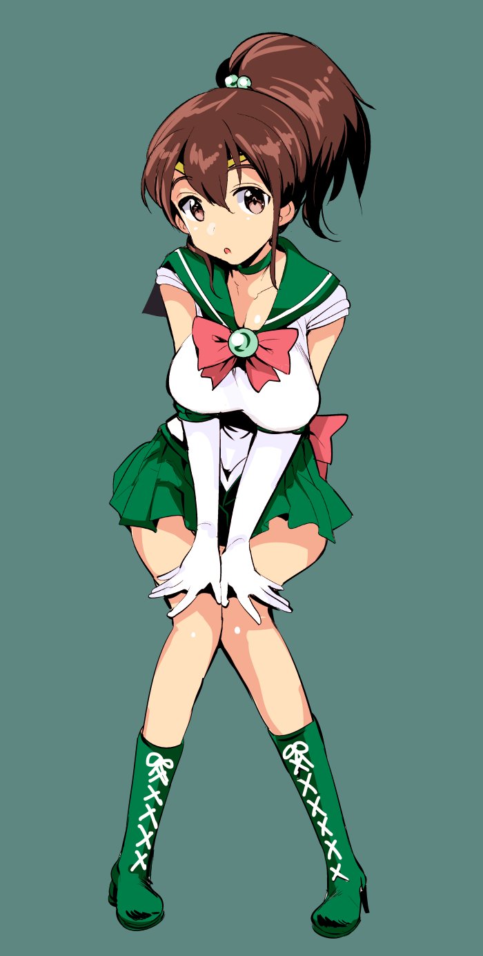 1girl bangs bishoujo_senshi_sailor_moon boots bow bowtie breasts brooch brown_background brown_eyes brown_hair choker cleavage commentary cosplay cross-laced_footwear elbow_gloves full_body girls_und_panzer gloves green_choker green_footwear green_sailor_collar green_skirt hair_bobbles hair_ornament hands_on_own_knees high_heel_boots high_heels highres invisible_chair jewelry koyama_yuzu lace-up_boots looking_at_viewer medium_breasts miniskirt nakasone_haiji parted_lips pink_neckwear pleated_skirt ponytail sailor_collar sailor_jupiter sailor_jupiter_(cosplay) sailor_senshi_uniform short_hair short_ponytail short_sleeves simple_background sitting skirt solo tiara v_arms white_gloves