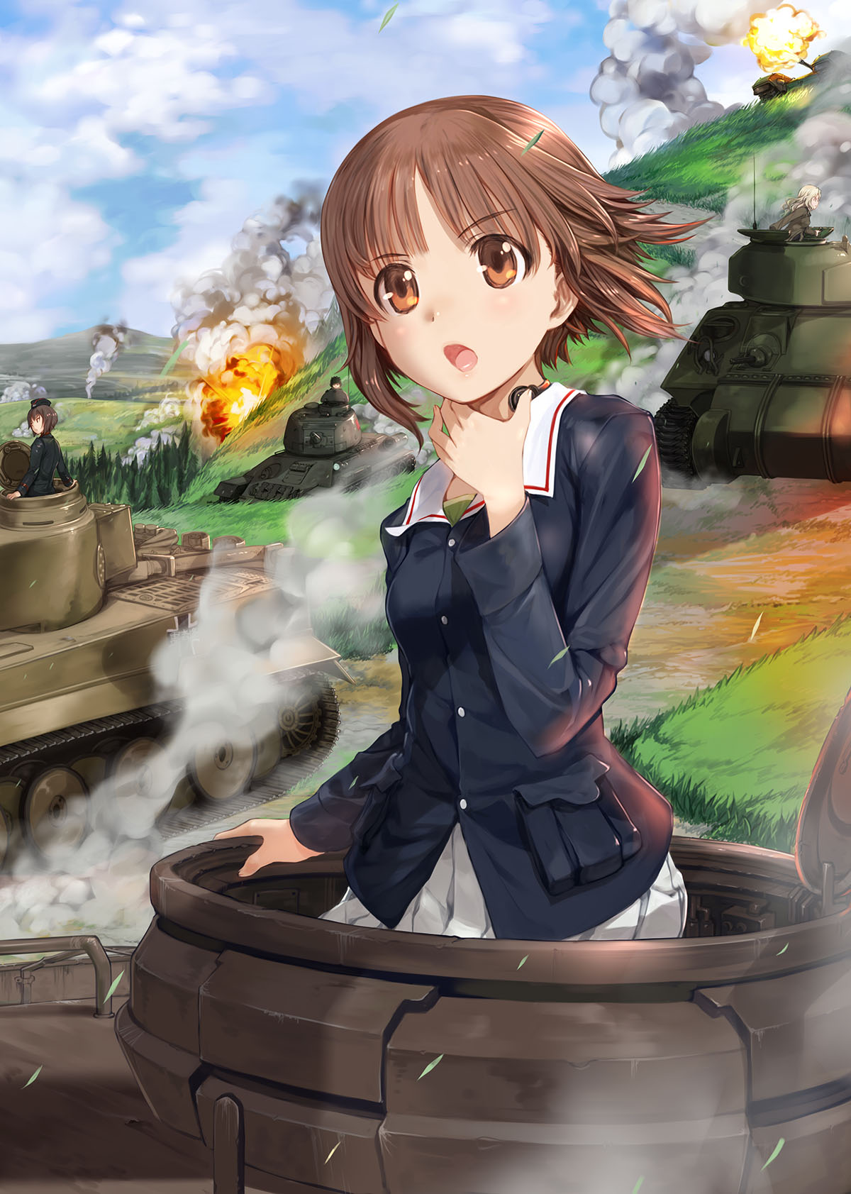 4girls battle black_jacket blue_jacket blue_sky brown_eyes brown_hair clouds explosion firing garrison_cap girls_und_panzer grass ground_vehicle hat highres jacket kuromorimine_military_uniform long_sleeves mikazuki_akira! military military_uniform military_vehicle motor_vehicle multiple_girls nishizumi_maho nishizumi_miho ooarai_military_uniform outdoors panzerkampfwagen_iv pleated_skirt shirt short_hair skirt sky smoke tank uniform white_skirt