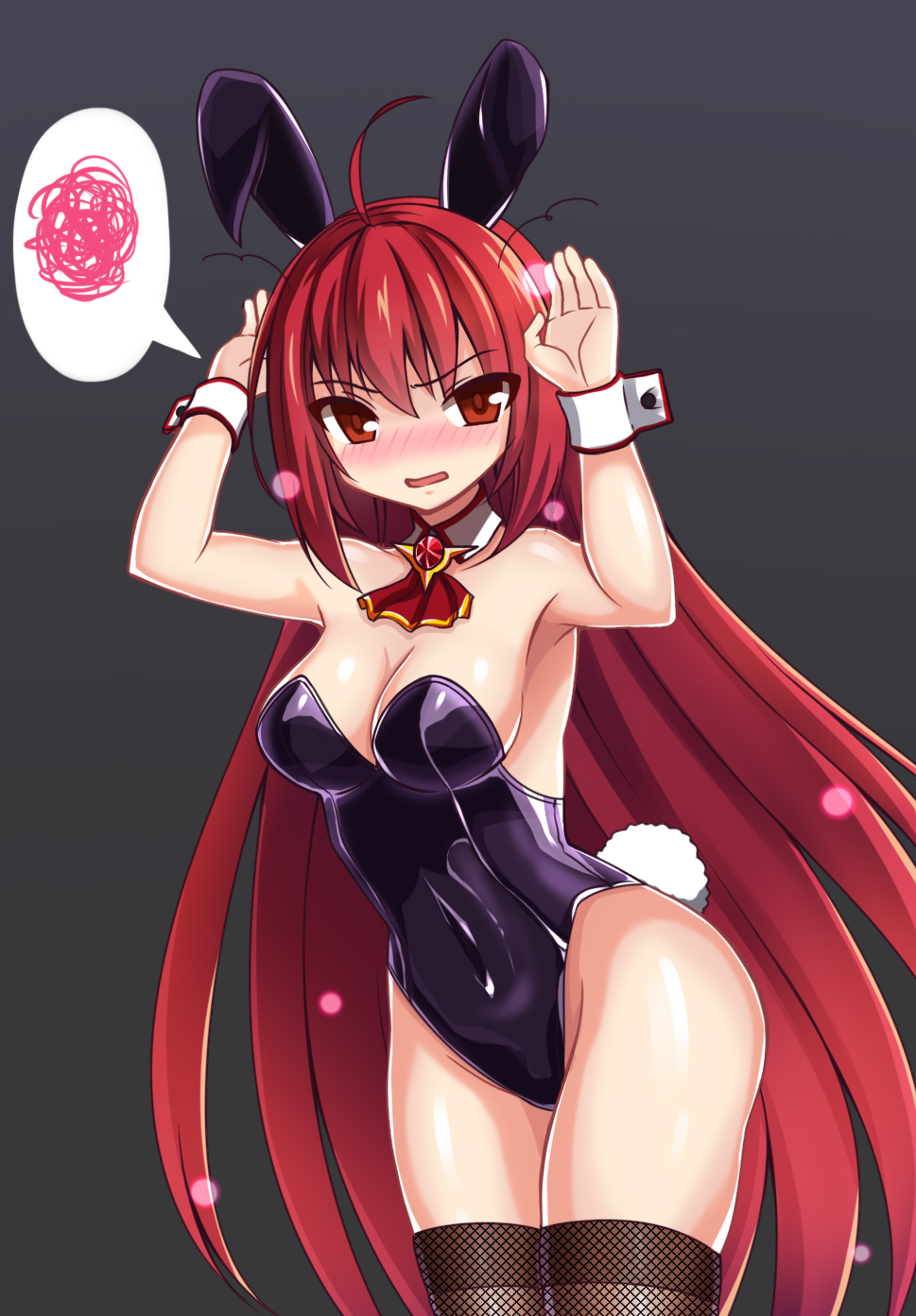 1girl ahoge alice360 animal_ears bare_shoulders blush breasts bunny_girl bunny_tail bunnysuit covered_navel detached_collar elesis_(elsword) elsword fake_animal_ears gem highres leotard long_hair looking_at_viewer medium_breasts nose_blush open_mouth rabbit_ears red_eyes redhead speech_bubble strapless strapless_leotard tail thigh-highs very_long_hair wrist_cuffs