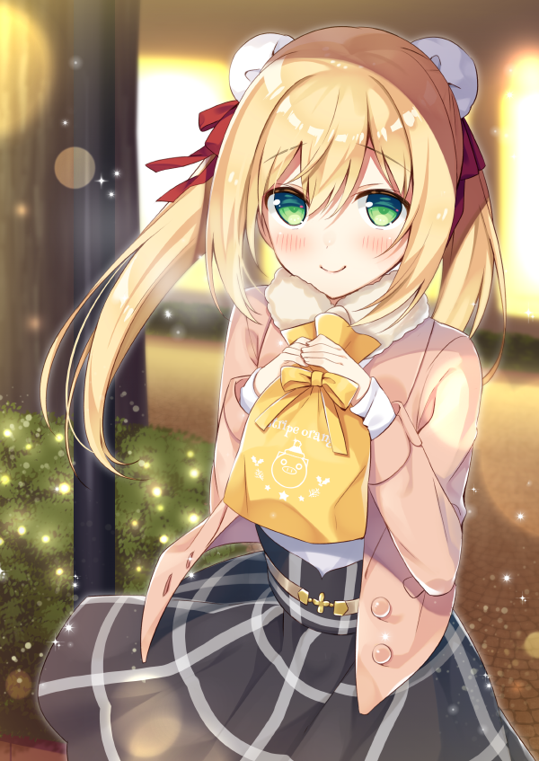 1girl anzu_(sumisaki_yuzuna) bangs black_skirt blonde_hair blush closed_mouth day double_bun eyebrows_visible_through_hair gift gift_bag green_eyes hair_between_eyes hair_ribbon half-closed_eyes hands_up high-waist_skirt holding holding_bag holding_gift jacket looking_at_viewer open_clothes open_jacket original outdoors plaid plaid_skirt red_ribbon ribbon sidelocks skirt smile solo sparkle sumisaki_yuzuna twintails