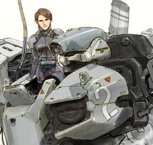 1boy brown_hair front_mission front_mission_4 gloves izo_(bjc000510) latona_rodiona_vasilev looking_at_viewer lowres male_focus mecha solo standing white_gloves