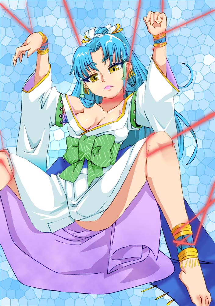 1girl blue_hair breasts cleavage commentary_request detached_sleeves glacies hair_ornament japanese_clothes long_hair looking_at_viewer onnaski ponytail solo super_robot_wars super_robot_wars_destiny super_robot_wars_original_generation the_2nd_super_robot_wars_og yellow_eyes