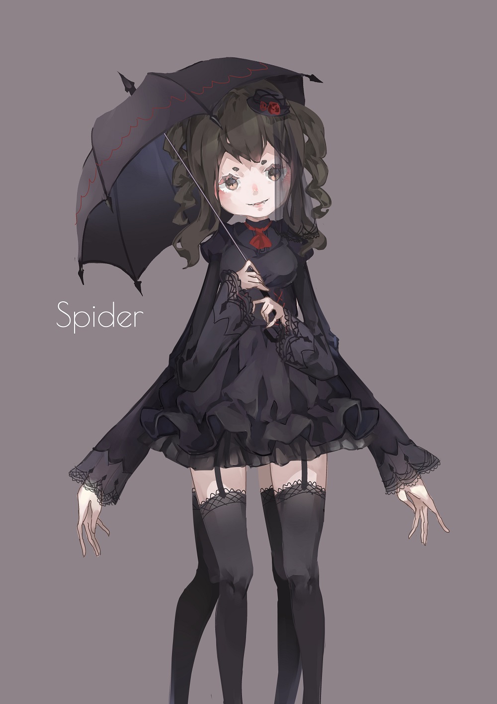1girl black_dress black_hair black_legwear blush brown_eyes dress extra_arms extra_legs fangs fangs_out feet_out_of_frame garter_straps grey_background head_tilt highres holding holding_umbrella monster_girl original parted_lips rymel see-through simple_background smile solo spider standing twintails umbrella veil