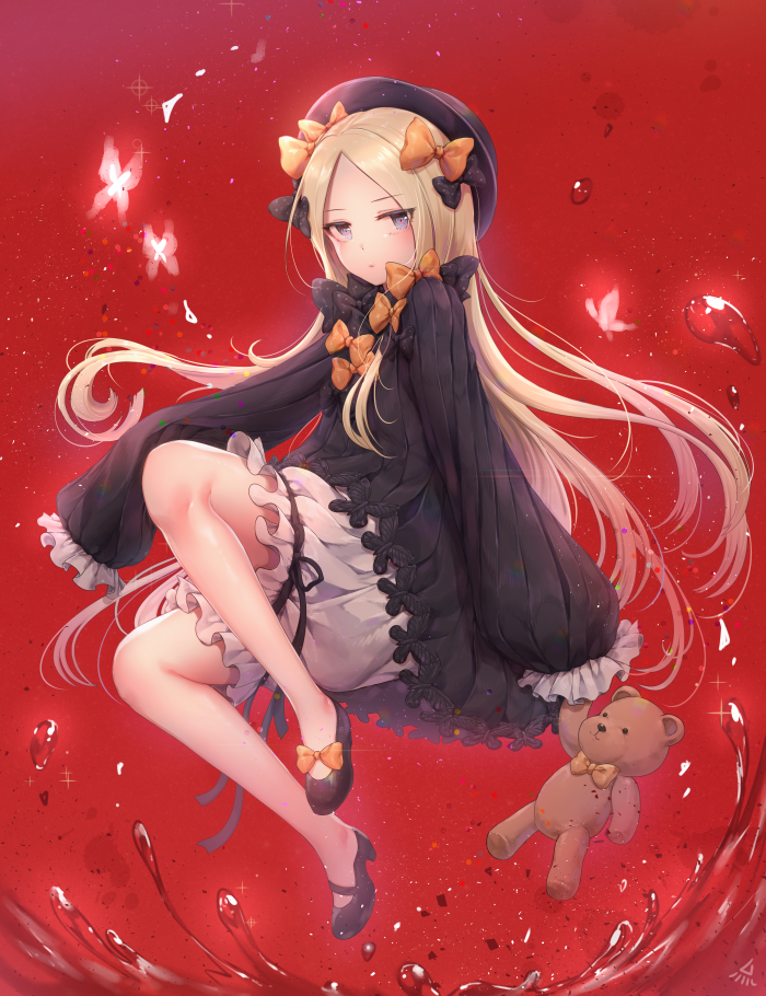 1girl abigail_williams_(fate/grand_order) bangs black_bow black_dress black_footwear black_hat blonde_hair bloomers blue_eyes bow butterfly closed_mouth dress eyebrows_visible_through_hair fate/grand_order fate_(series) full_body hair_bow hands_in_sleeves hat high_heels long_hair long_sleeves looking_at_viewer mary_janes object_hug orange_bow ozzingo parted_bangs polka_dot polka_dot_bow shoes solo stuffed_animal stuffed_toy teddy_bear underwear very_long_hair white_bloomers