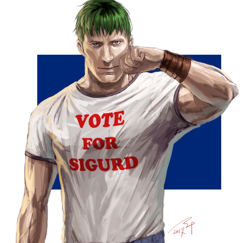 1boy alternate_costume arden_(fire_emblem) brown_eyes clenched_hand closed_mouth commentary_request dated fire_emblem fire_emblem:_seisen_no_keifu fire_emblem_heroes green_hair hand_up ippei_soeda looking_at_viewer male_focus multicolored multicolored_background muscle realistic serious shirt signature solo two-tone_background upper_body white_shirt wristband