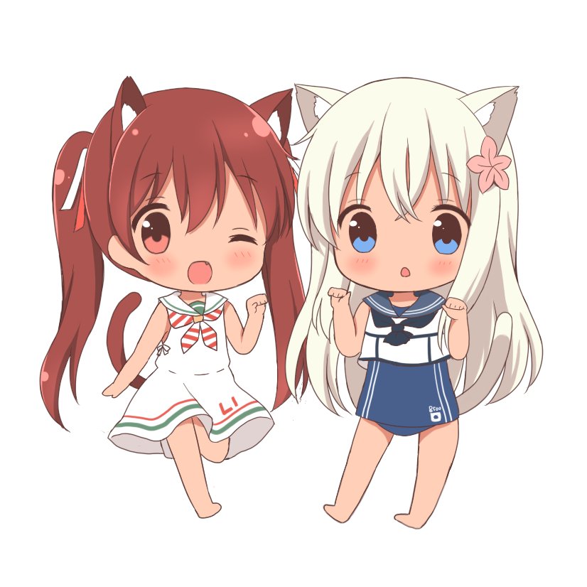 2girls :o ;d animal_ears bangs bare_arms barefoot blue_eyes blue_sailor_collar blue_swimsuit blush brown_eyes brown_hair cat_ears cat_girl cat_tail chatsune_(white_lolita) chibi commentary_request crop_top dress eyebrows_visible_through_hair fang flower hair_between_eyes hair_flower hair_ornament hair_ribbon hands_up kantai_collection libeccio_(kantai_collection) long_hair looking_at_viewer multiple_girls one-piece_swimsuit one_eye_closed open_mouth parted_lips paw_pose pink_flower red_ribbon ribbon ro-500_(kantai_collection) sailor_collar sailor_dress school_swimsuit shirt sleeveless sleeveless_dress sleeveless_shirt smile standing standing_on_one_leg striped_neckwear swimsuit swimsuit_under_clothes tail tan twintails very_long_hair white_dress white_ribbon white_sailor_collar white_shirt