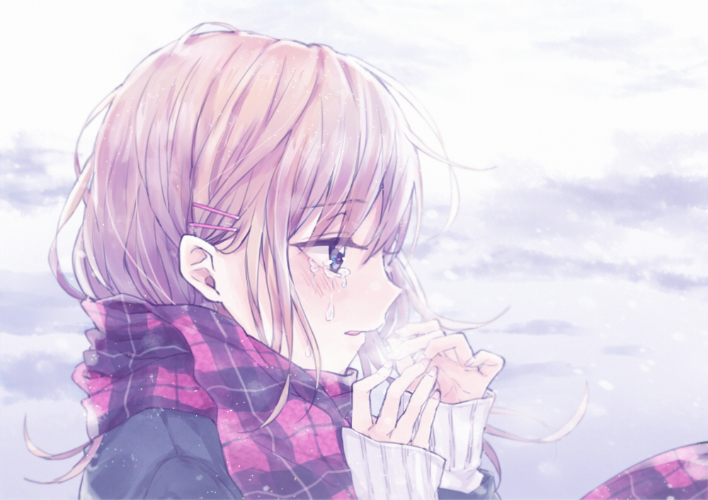 1girl bangs blonde_hair blue_eyes blush breath eyebrows_visible_through_hair from_side hair_ornament hairclip half-closed_eyes hands_up long_hair moco_315 open_mouth original outdoors plaid plaid_scarf profile purple_scarf scarf sidelocks sleeves_past_wrists snow solo sweater tearing_up tears