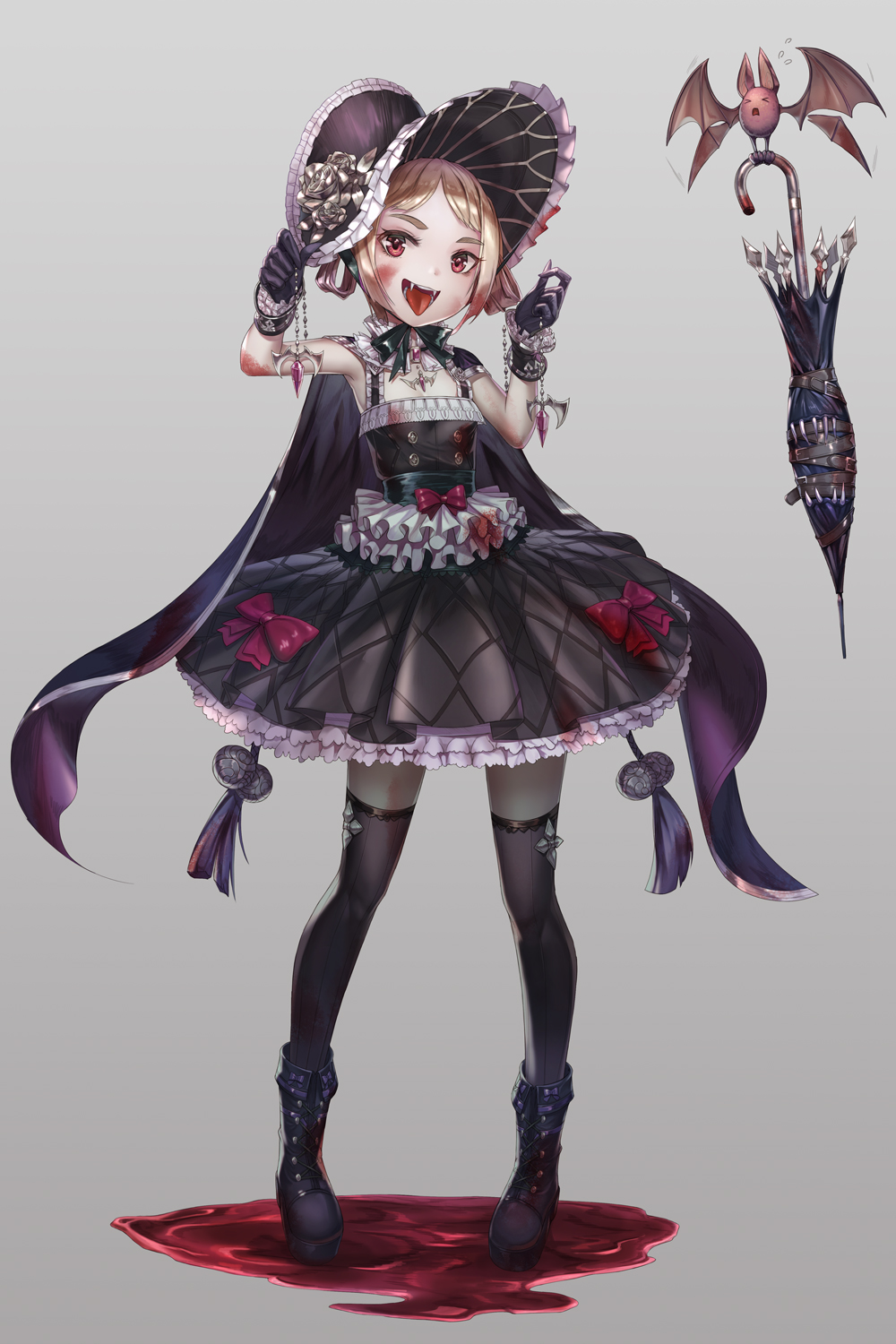 &gt;_&lt; &gt;o&lt; 1girl :d animal armpit_peek bangs bat belt_buckle black_belt black_cape black_dress black_footwear black_gloves black_legwear blonde_hair blood blood_on_face bloody_clothes bonnet boots bow btraphen buckle cape dress fangs flapping flat_chest flying_sweatdrops frilled_dress frills full_body gem gloves gothic_lolita grey_background hair_rings head_tilt highres holding jewelry knee_boots legs_apart lolita_fashion looking_at_viewer motion_lines necklace open_mouth original pale_skin parted_bangs petticoat pigeon-toed pool_of_blood red_bow red_eyes shiny shiny_hair short_dress short_hair sidelocks simple_background sleeveless sleeveless_dress smile standing tassel thick_eyebrows thigh-highs tongue tongue_out umbrella vampire wrist_cuffs