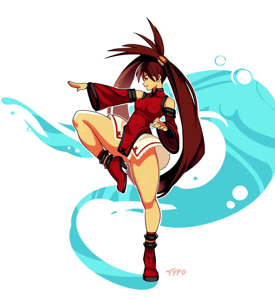 1girl ankle_boots bangs bare_shoulders boots breasts brown_eyes brown_hair china_dress chinese_clothes closed_mouth commentary detached_sleeves dress fighting_stance full_body guilty_gear hair_ring high_heel_boots high_heels jam knee_up kuradoberi_jam long_hair long_sleeves medium_breasts panties red_dress red_footwear signature smile solo standing standing_on_one_leg twintails typo_(requiemdusk) underwear very_long_hair white_panties wide_sleeves