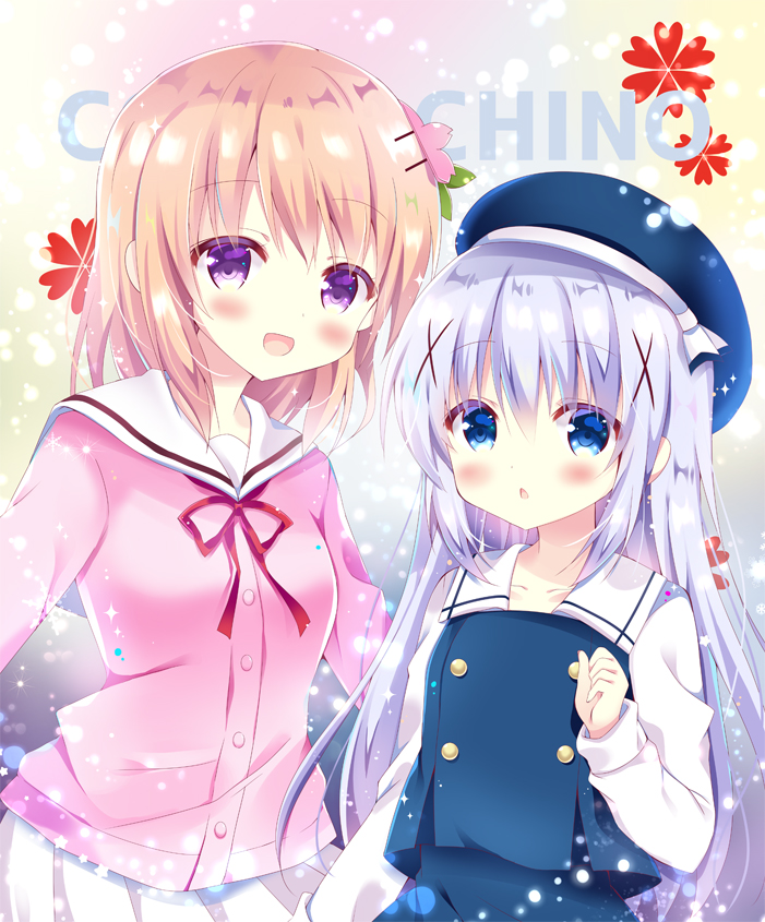 2girls :d bangs bitter_crown blue_eyes blue_hair blue_skirt blue_vest blush character_name chestnut_mouth collarbone commentary_request eyebrows_visible_through_hair gochuumon_wa_usagi_desu_ka? hair_between_eyes hair_ornament hairclip hand_up hoto_cocoa hoto_cocoa's_school_uniform kafuu_chino kafuu_chino's_school_uniform light_brown_hair long_sleeves looking_at_viewer multiple_girls open_mouth parted_lips pink_shirt pleated_skirt red_ribbon ribbon sailor_collar school_uniform serafuku shirt skirt smile vest violet_eyes white_sailor_collar white_shirt white_skirt x_hair_ornament