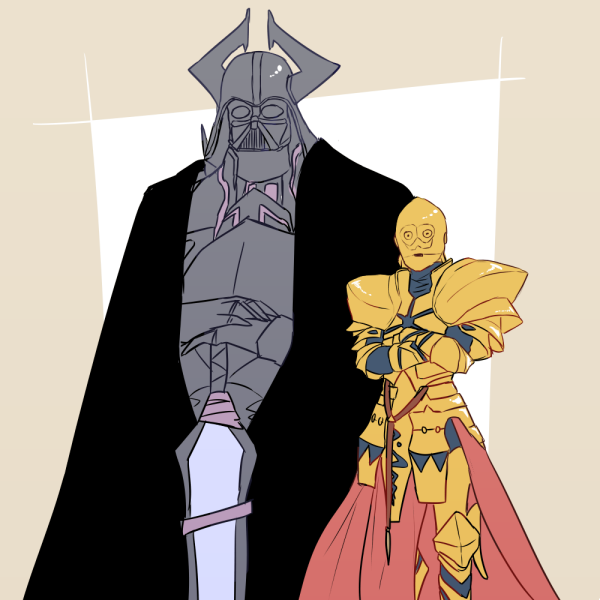 2boys black_cape c-3po c-3po_(cosplay) cape cosplay crossed_arms darth_vader darth_vader_(cosplay) facing_viewer fate/grand_order fate_(series) gauntlets gilgamesh gold_armor height_difference helmet horns king_hassan_(fate/grand_order) mask multiple_boys pauldrons standing star_wars sword weapon xxtakin