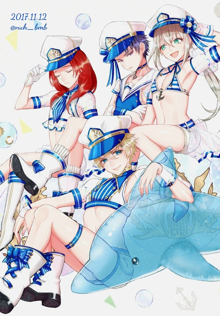 4boys adapted_costume bedivere_(fate) bikini_top blonde_hair boots closed_eyes crop_top crossed_arms dated detached_sleeves fate/grand_order fate/stay_night fate_(series) gawain_(fate/grand_order) gloves hat inflatable_dolphin inflatable_toy knights_of_marines lancelot_(fate/grand_order) looking_at_viewer male_focus morino_bambi multiple_boys peaked_cap puffy_short_sleeves puffy_sleeves purple_hair redhead short_sleeves sitting trap tristan_(fate/grand_order) twitter_username white_footwear white_gloves younger
