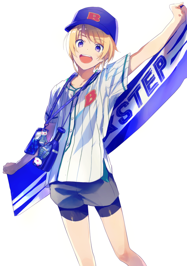 1boy :d baseball_cap baseball_uniform bike_shorts blonde_hair happy hat idolmaster idolmaster_side-m male_focus map_(map_imas) open_mouth pierre_(idolmaster) shorts smile sportswear violet_eyes white_background