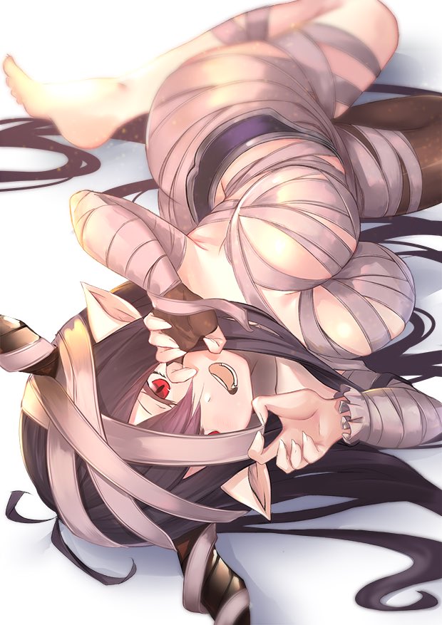 1girl :d bandage barefoot black_gloves black_hair black_legwear breasts danua_(granblue_fantasy) fingerless_gloves gloves granblue_fantasy horns looking_at_viewer lying on_side open_mouth pointy_ears ramuda_(guilty931) red_eyes smile solo teeth