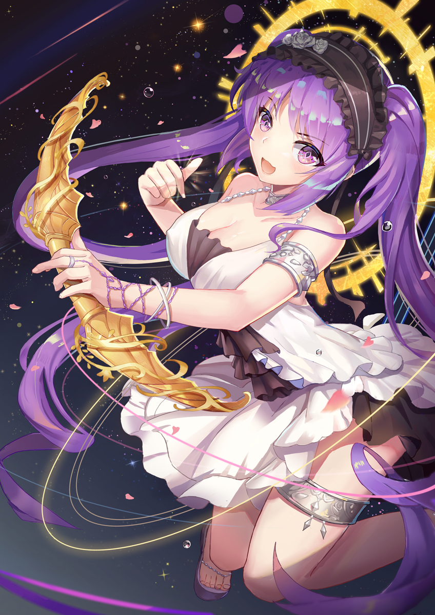 1girl alternate_breast_size blush bow_(weapon) bracelet breasts cleavage collarbone dress euryale fate/grand_order fate_(series) hairband halo highres jewelry l.bou lolita_hairband long_hair looking_at_viewer medium_breasts open_mouth petals purple_hair sandals sleeveless sleeveless_dress solo star thigh_strap traditional_media twintails very_long_hair violet_eyes watercolor_(medium) weapon white_dress