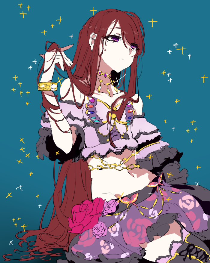 1girl aikatsu! aqua_background bare_shoulders boots bracelet brown_hair cowboy_shot crop_top eyes_visible_through_hair frilled_skirt frills hair_over_one_eye holding holding_hair idol jewelry long_hair looking_away mgn0isi midriff navel shibuki_ran simple_background sitting skirt solo sparkle_background thigh-highs thigh_boots very_long_hair violet_eyes zettai_ryouiki